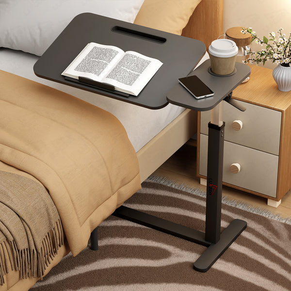 Lukzer Adjustable Overbed Study Table with Tilt Top, Cupholder & Wheels (MST-003/Black & Black)