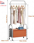 Lukzer Metal Clothes Rail Stand with 4 Side Hooks & 1-Tier Leather Storage Bin, 360° Rotating Wheels | Garment Rack Organizer for Bedroom, Closet, Dorm, Laundry | MGR-009 (171 x 75 x 35)