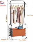 Lukzer Metal Clothes Rail Stand with 4 Side Hooks & 1-Tier Leather Storage Bin, 360° Rotating Wheels | Garment Rack Organizer for Bedroom, Closet, Dorm, Laundry | MGR-009 (171 x 75 x 35)