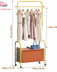 Lukzer Metal Clothes Rail Stand with 4 Side Hooks & 1-Tier Leather Storage Bin, 360° Rotating Wheels | Garment Rack Organizer for Bedroom, Closet, Dorm, Laundry | MGR-009 (171 x 75 x 35)