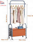 Lukzer Metal Clothes Rail Stand with 4 Side Hooks & 1-Tier Leather Storage Bin, 360° Rotating Wheels | Garment Rack Organizer for Bedroom, Closet, Dorm, Laundry | MGR-009 (171 x 75 x 35)