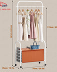 Lukzer Metal Clothes Rail Stand with 4 Side Hooks & 1-Tier Leather Storage Bin, 360° Rotating Wheels | Garment Rack Organizer for Bedroom, Closet, Dorm, Laundry | MGR-009 (171 x 75 x 35)