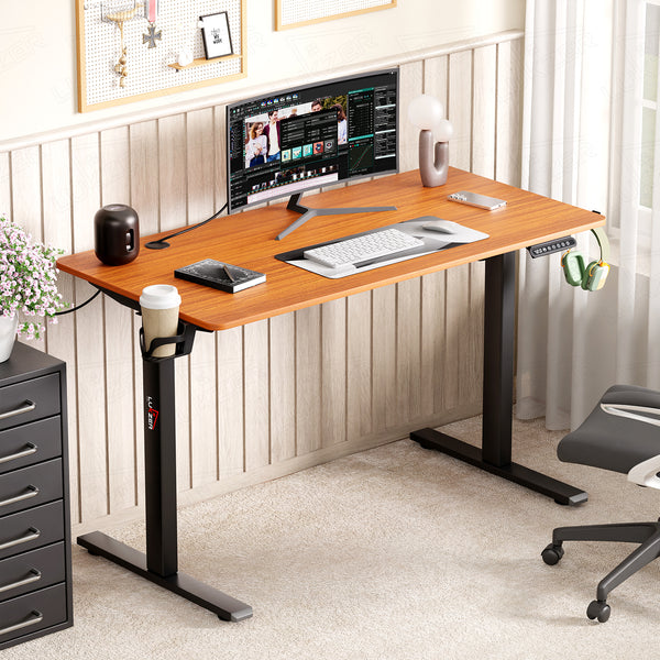 Lukzer Electric Automatic Height Adjustable Sit Stand Desk EST-003 ( Black & Oak Brown ) 3-Years Warranty