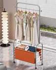 Lukzer Metal Clothes Rail Stand with 4 Side Hooks & 1-Tier Leather Storage Bin, 360° Rotating Wheels | Garment Rack Organizer for Bedroom, Closet, Dorm, Laundry | MGR-009 (171 x 75 x 35)