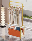 Lukzer Metal Clothes Rail Stand with 4 Side Hooks & 1-Tier Leather Storage Bin, 360° Rotating Wheels | Garment Rack Organizer for Bedroom, Closet, Dorm, Laundry | MGR-009 (171 x 75 x 35)