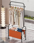 Lukzer Metal Clothes Rail Stand with 4 Side Hooks & 1-Tier Leather Storage Bin, 360° Rotating Wheels | Garment Rack Organizer for Bedroom, Closet, Dorm, Laundry | MGR-009 (171 x 75 x 35)