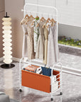 Lukzer Metal Clothes Rail Stand with 4 Side Hooks & 1-Tier Leather Storage Bin, 360° Rotating Wheels | Garment Rack Organizer for Bedroom, Closet, Dorm, Laundry | MGR-009 (171 x 75 x 35)