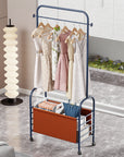 Lukzer Metal Clothes Rail Stand with 4 Side Hooks & 1-Tier Leather Storage Bin, 360° Rotating Wheels | Garment Rack Organizer for Bedroom, Closet, Dorm, Laundry | MGR-009 (171 x 75 x 35)