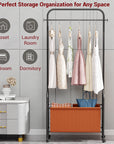 Lukzer Metal Clothes Rail Stand with 4 Side Hooks & 1-Tier Leather Storage Bin, 360° Rotating Wheels | Garment Rack Organizer for Bedroom, Closet, Dorm, Laundry | MGR-009 (171 x 75 x 35)