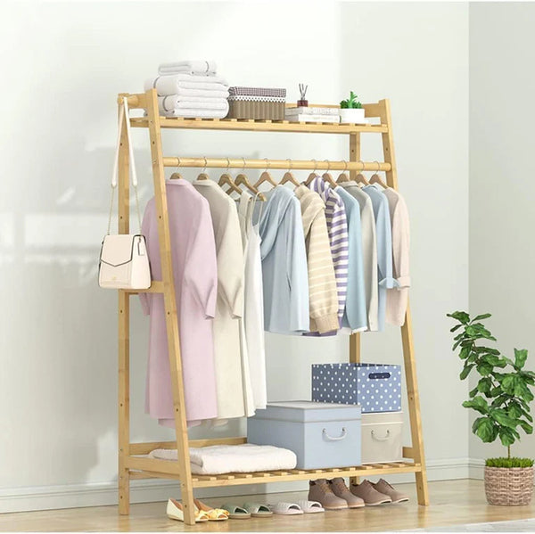 Lukzer Bamboo Garment Stand with Top & Bottom Shelves (CH-498)