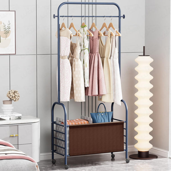 Lukzer Metal Clothes Rail Stand with Leather Storage Bin & Wheels (MGR-009/Deep Sea)