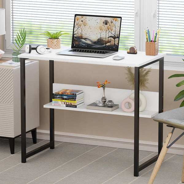 Lukzer Engineered Wood Office & Study Table with Open Bookshelf & Storage Organiser (MST-004/Black & White)