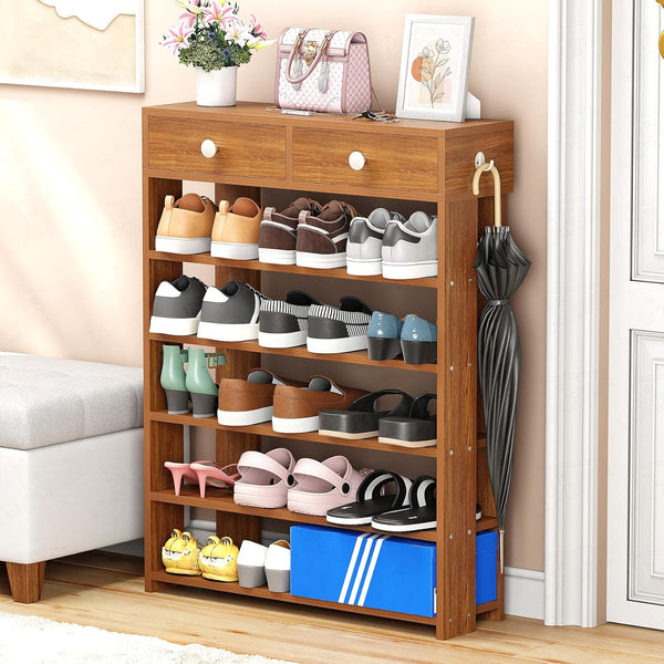 Lukzer 5-Tier Shoe Rack with Storage Drawers Engineered Wood Shoe Organizer (SR-001/Oak Brown)