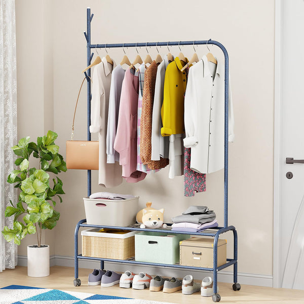 Lukzer Metal Garment Rack with Wheels & Double Bottom Storage Shelves (MGR-006/Deep Sea)