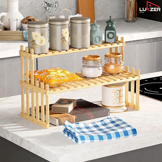 Lukzer Multipurpose Standing Shelf Rack for Kitchen Organizer | Bamboo Storage Rack for for Books, Plants, Decor & More | Lightweight, Durable Organizer for Living Room, Balcony & Office - (2,3,5,6 Tier)