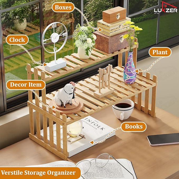 Lukzer Multipurpose Standing Shelf Rack for Kitchen Organizer | Bamboo Storage Rack for for Books, Plants, Decor & More | Lightweight, Durable Organizer for Living Room, Balcony & Office - (2,3,5,6 Tier)