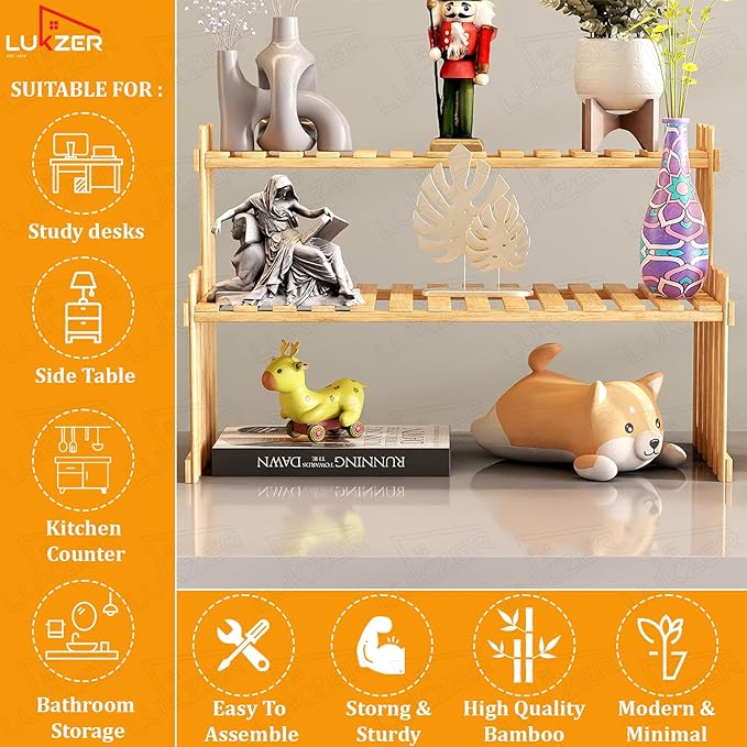 Lukzer Multipurpose Standing Shelf Rack for Kitchen Organizer | Bamboo Storage Rack for for Books, Plants, Decor & More | Lightweight, Durable Organizer for Living Room, Balcony & Office - (2,3,5,6 Tier)