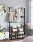 Lukzer Space-Saving Metal Garment Stand with 8 Hangers & 5-Tier Storage – Black/White (170x80x26cm)