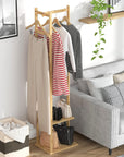 Lukzer Rectangular Coat Rack with Hanging Rail & 2 Shelves – Natural Finish (154.5x38x30.5cm)