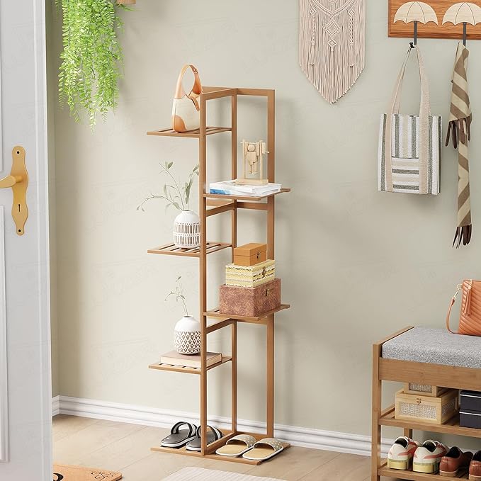 Lukzer Multipurpose Standing Shelf Rack for Kitchen Organizer | Bamboo Storage Rack for for Books, Plants, Decor & More | Lightweight, Durable Organizer for Living Room, Balcony & Office - (2,3,5,6 Tier)