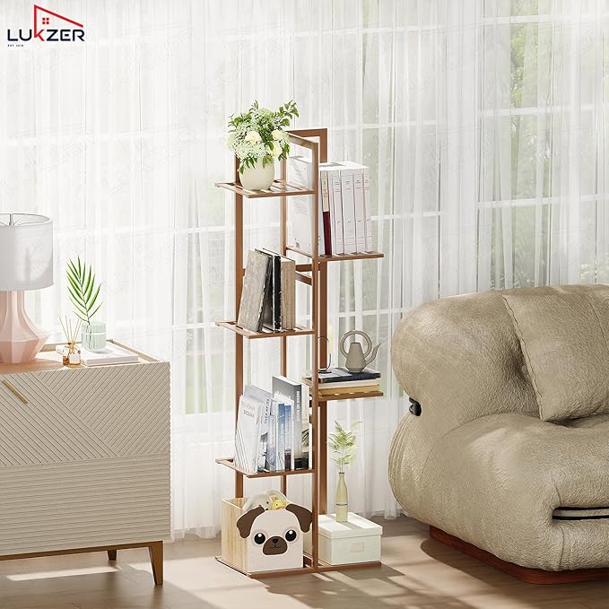 Lukzer Multipurpose Standing Shelf Rack for Kitchen Organizer | Bamboo Storage Rack for for Books, Plants, Decor & More | Lightweight, Durable Organizer for Living Room, Balcony & Office - (2,3,5,6 Tier)