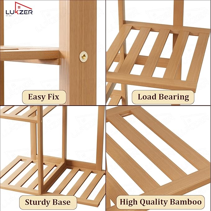 Lukzer Multipurpose Standing Shelf Rack for Kitchen Organizer | Bamboo Storage Rack for for Books, Plants, Decor & More | Lightweight, Durable Organizer for Living Room, Balcony & Office - (2,3,5,6 Tier)