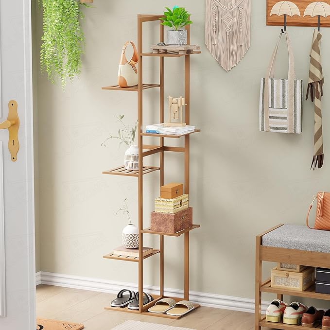 Lukzer Multipurpose Standing Shelf Rack for Kitchen Organizer | Bamboo Storage Rack for for Books, Plants, Decor & More | Lightweight, Durable Organizer for Living Room, Balcony & Office - (2,3,5,6 Tier)