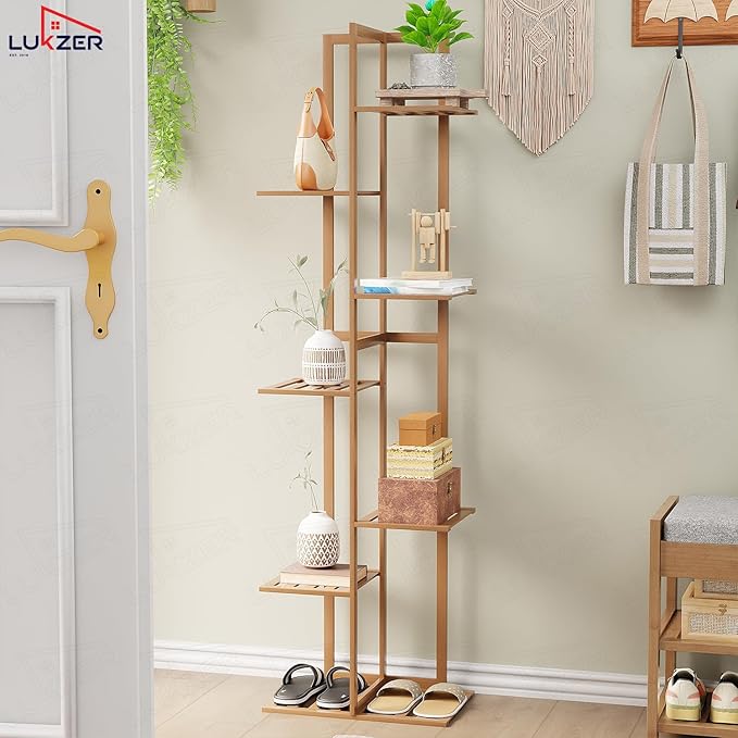 Lukzer Multipurpose Standing Shelf Rack for Kitchen Organizer | Bamboo Storage Rack for for Books, Plants, Decor & More | Lightweight, Durable Organizer for Living Room, Balcony & Office - (2,3,5,6 Tier)