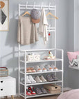 Lukzer Space-Saving Metal Garment Stand with 8 Hangers & 5-Tier Storage – Black/White (170x80x26cm)