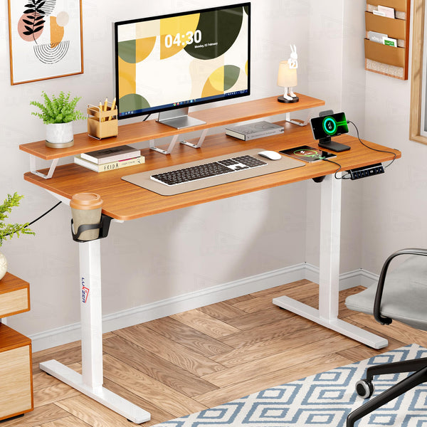 Lukzer Electric Height Adjustable Desk with Monitor Riser USB & Type-C Sit-Stand Table (EST-004-UC/White & Oak Brown) 3-Years Warranty