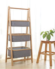 Lukzer 3 Layer Foldable Bamboo Storage Rack with Fabric Baskets – Multipurpose Eco-Friendly Space-Saving Ladder Shelf Organizer for Laundry, Bathroom, Bedroom, Living Room & Closet (Grey)
