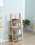 Lukzer 3 Layer Foldable Bamboo Storage Rack with Fabric Baskets – Multipurpose Eco-Friendly Space-Saving Ladder Shelf Organizer for Laundry, Bathroom, Bedroom, Living Room & Closet (Grey)