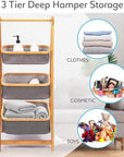 Lukzer 3 Layer Foldable Bamboo Storage Rack with Fabric Baskets – Multipurpose Eco-Friendly Space-Saving Ladder Shelf Organizer for Laundry, Bathroom, Bedroom, Living Room & Closet (Grey)