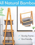 Lukzer 3 Layer Foldable Bamboo Storage Rack with Fabric Baskets – Multipurpose Eco-Friendly Space-Saving Ladder Shelf Organizer for Laundry, Bathroom, Bedroom, Living Room & Closet (Grey)