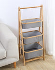 Lukzer 3 Layer Foldable Bamboo Storage Rack with Fabric Baskets – Multipurpose Eco-Friendly Space-Saving Ladder Shelf Organizer for Laundry, Bathroom, Bedroom, Living Room & Closet (Grey)