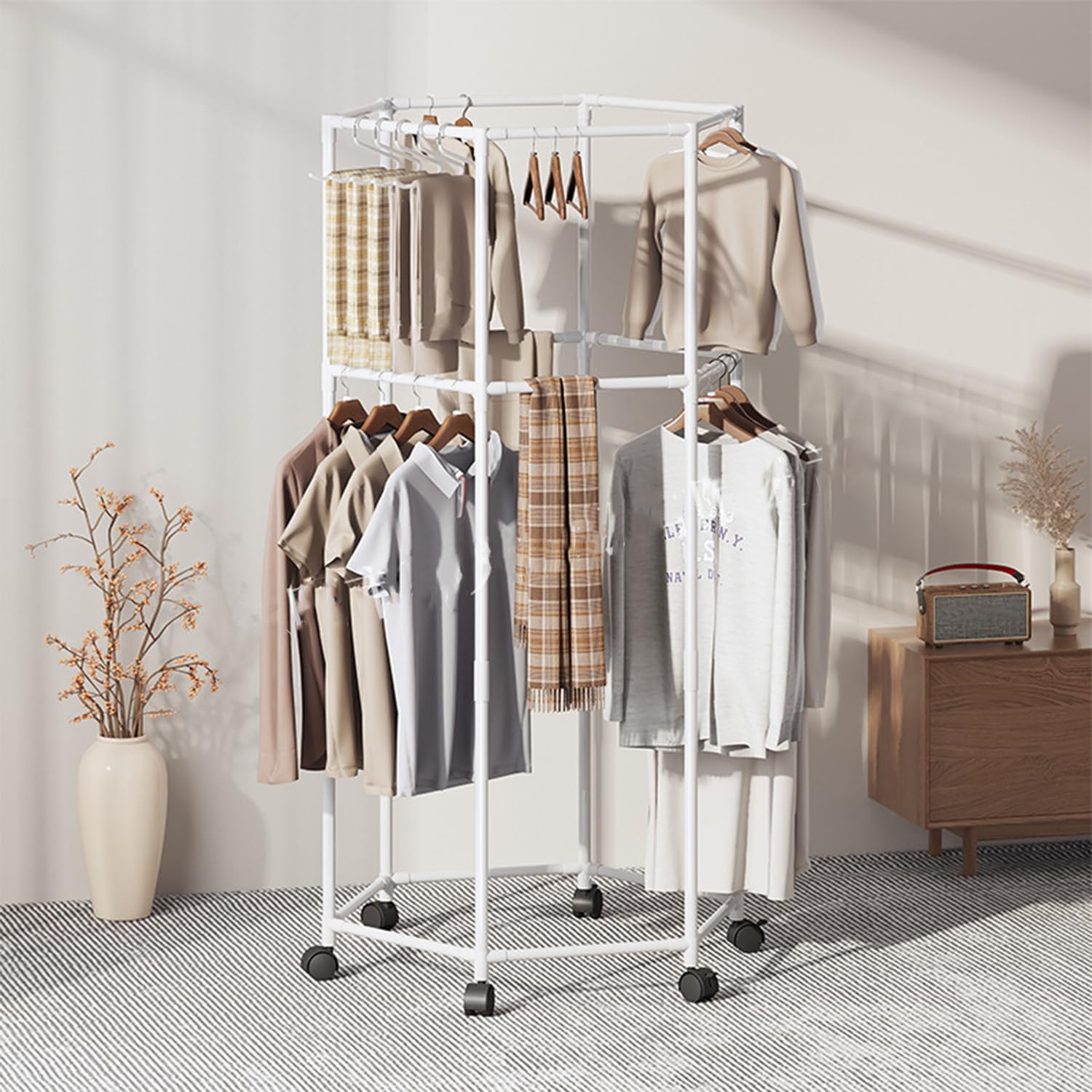 360° Rotating Hexagonal Clothes Drying Rack Double Layer Metal Floor-Standing Coat Hanger with Wheels Freestanding Storage Organizer for Bedroom,