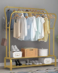 Lukzer Double Garment Stand with 2 Bottom Shelves – Sturdy Clothing Rack (Model: MGS-003, Gold/Black/White)