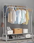 Lukzer Double Garment Stand with 2 Bottom Shelves – Sturdy Clothing Rack (Model: MGS-003, Gold/Black/White)