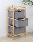 Lukzer 3 Layer Vertical Bamboo Storage Shelf with Removable Fabric Drawers – Multipurpose Tall Organizer for Bathroom, Bedroom, Laundry Room, Living Room, Office – Space-Saving Wooden Rack (Grey)