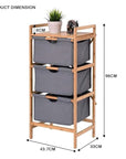 Lukzer 3 Layer Vertical Bamboo Storage Shelf with Removable Fabric Drawers – Multipurpose Tall Organizer for Bathroom, Bedroom, Laundry Room, Living Room, Office – Space-Saving Wooden Rack (Grey)