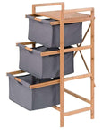 Lukzer 3 Layer Vertical Bamboo Storage Shelf with Removable Fabric Drawers – Multipurpose Tall Organizer for Bathroom, Bedroom, Laundry Room, Living Room, Office – Space-Saving Wooden Rack (Grey)