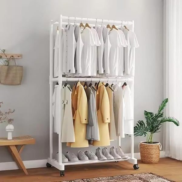Double-Pole Coat Rack with Wheels & Floating Wall Shelves | Floor-Standing Clothes Hanger Stand with Bottom Shelf for Shoes | Dustproof Metal Organizer for Bedroom, Living Room & Balcony (White/Black)