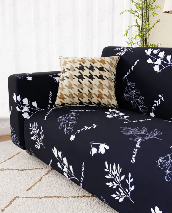 Lukzer Polyester Sofa Cover - Black with White Flower (SC-002-01)