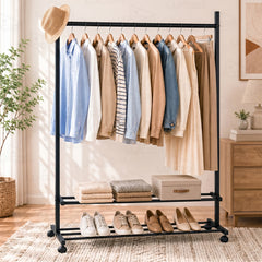 Lukzer Single Rod Metal Garment Rack with Wheels & 2 Bottom Shelves (Black)