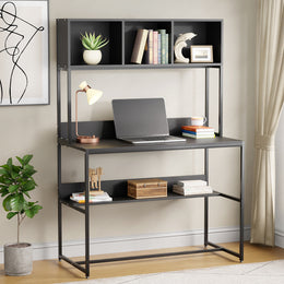 Lukzer Wooden & Metal Study Desk with 3 Storage Shelf & Open Bookshelf for Home (MST-011/Black & Black)
