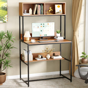 Lukzer Modern Study Table with Open Bookshelf & Hutch (MST-010/Black & Oak Brown)