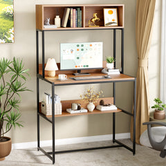 Lukzer Modern Study Table with Open Bookshelf & Hutch (MST-010/Black & Oak Brown)