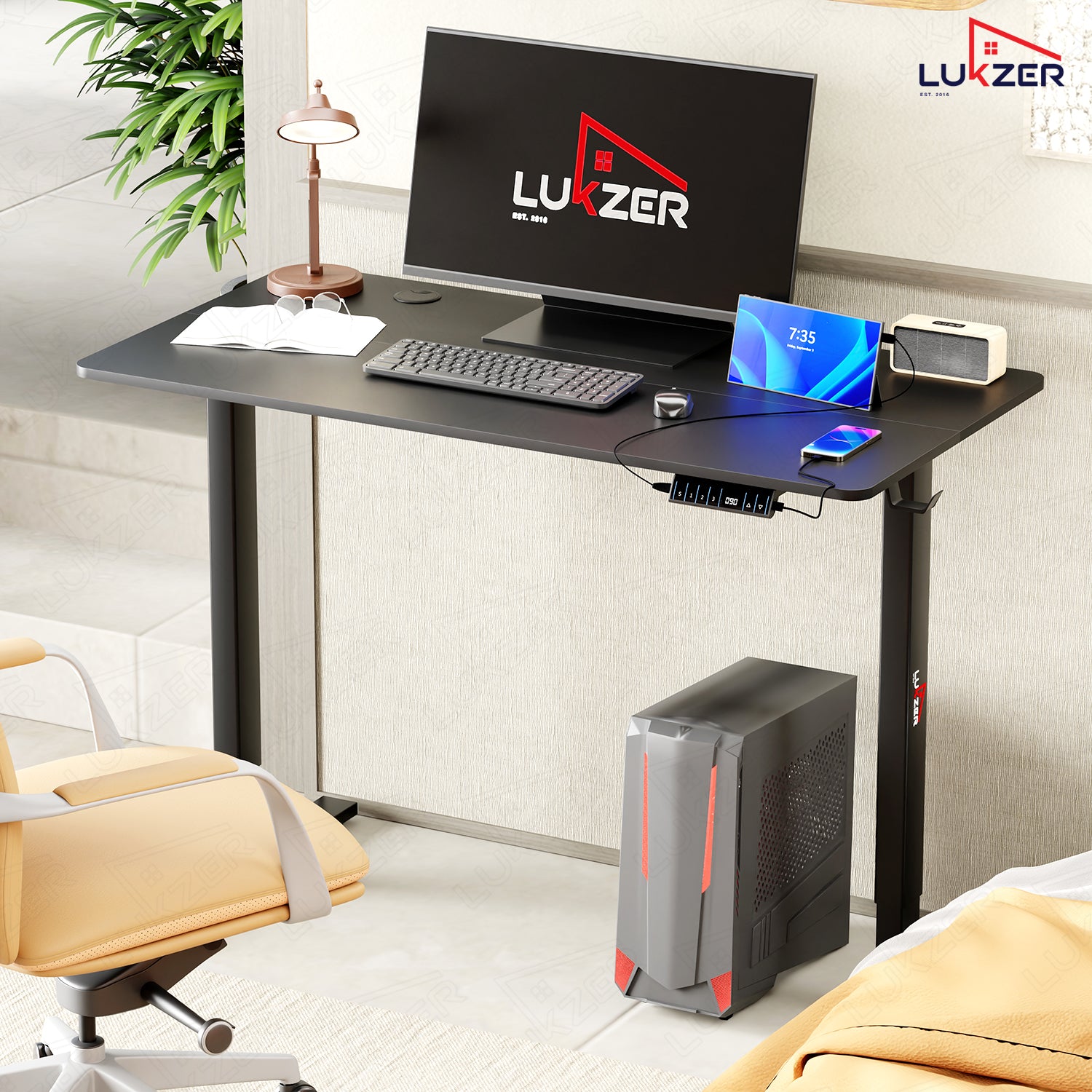 Lukzer Electric Height Adjustable Desk with USB & Type-C Study Table (EST-003/UC-Black & Black) 3-Years Warranty
