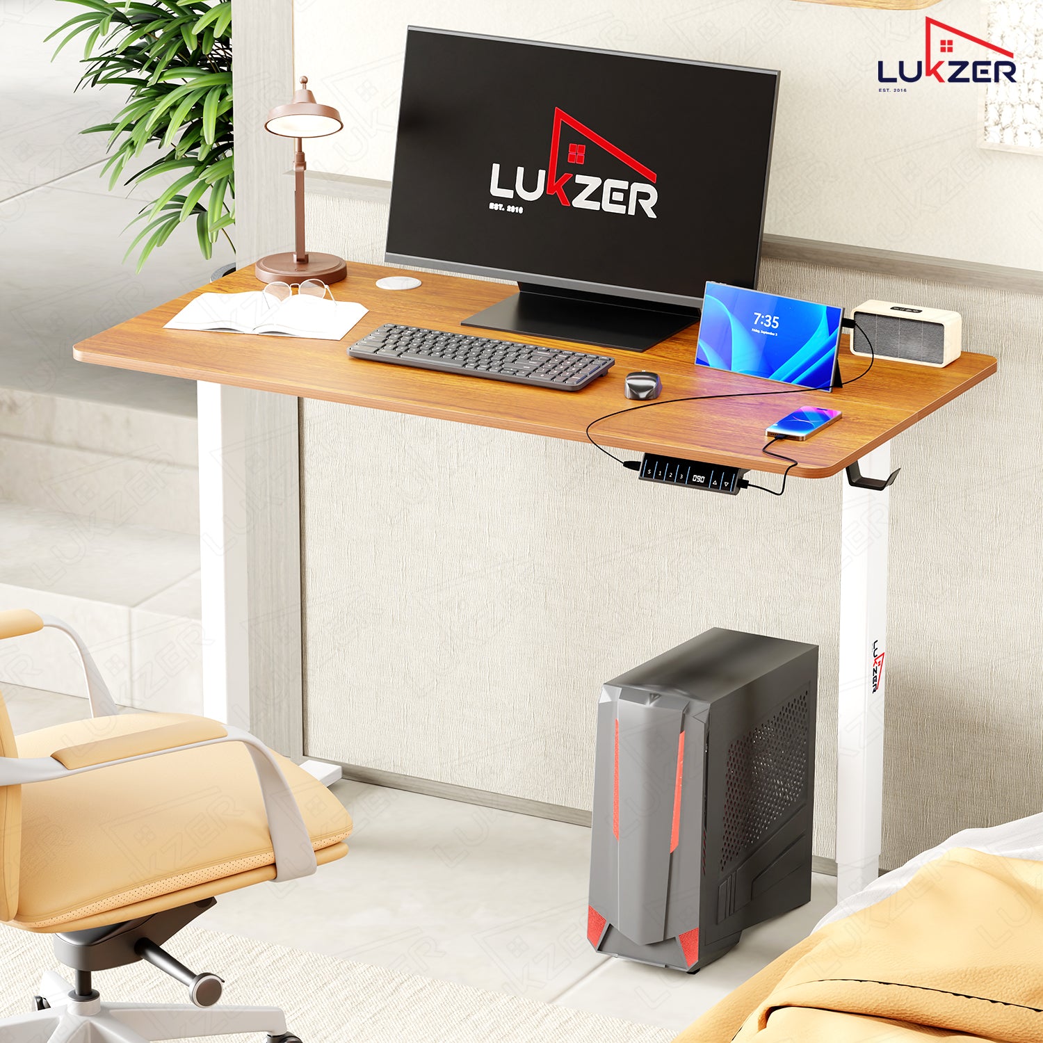 Lukzer Electric Height Adjustable Desk with USB & Type-C Study Table (EST-003/UC-White & Oak Brown) 3-Years Warranty