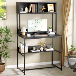 Lukzer Modern Study Table with Open Bookshelf & Hutch (MST-010/Black & Black)